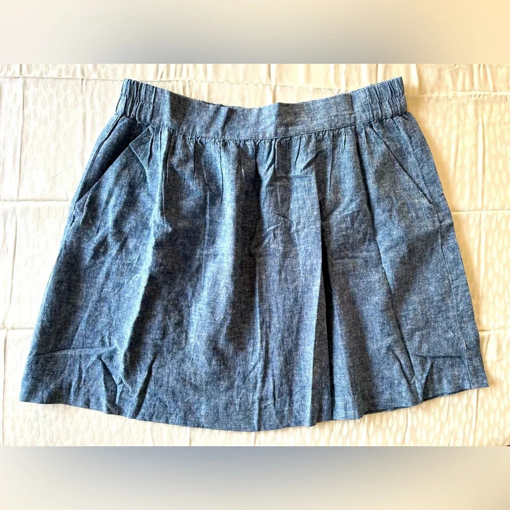 NWOT LOFT Linen Cotton Chambray Elastic Waist Blue Skirt Pockets Size Large